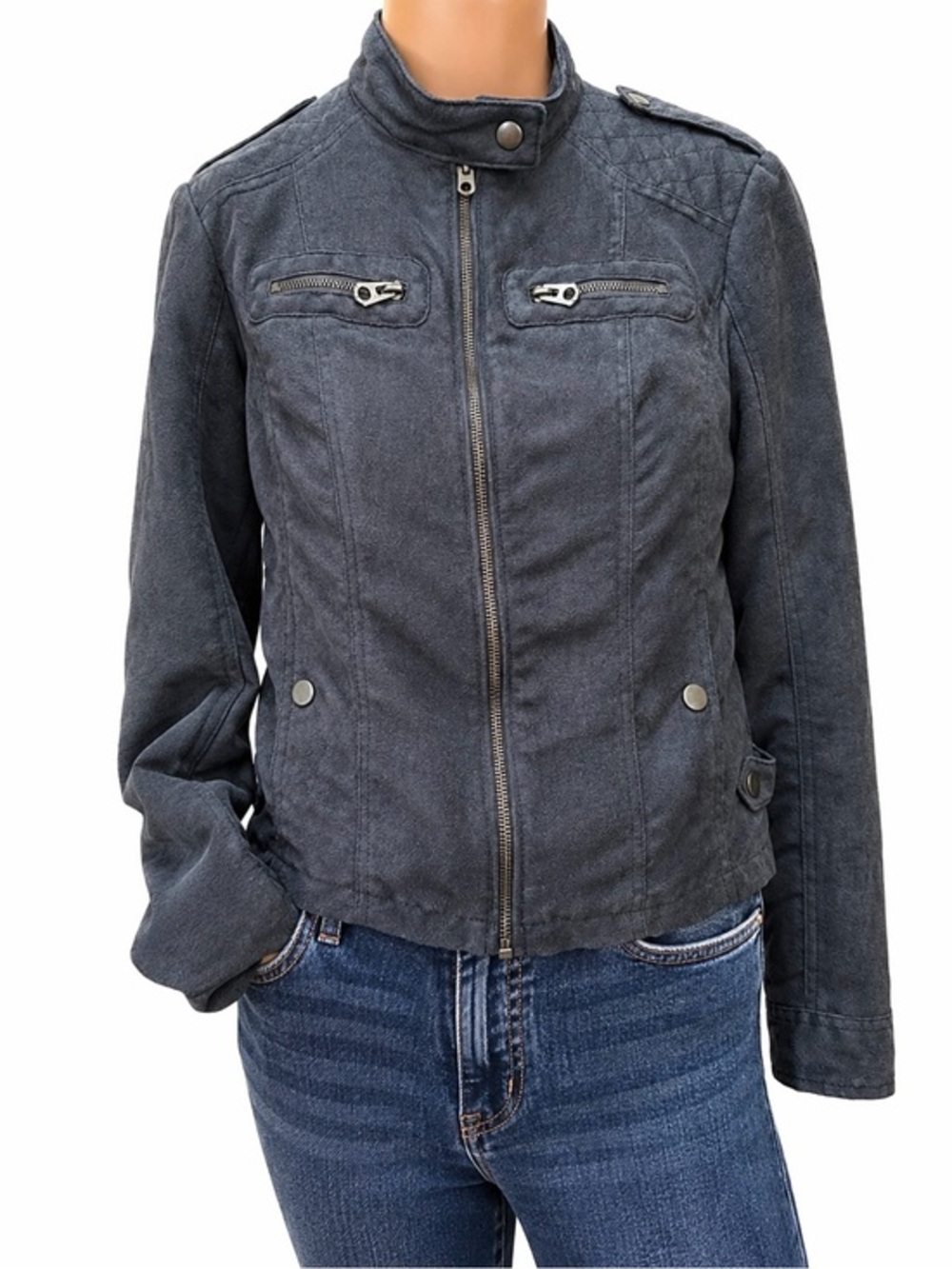 Vero Moda Slate Blue Faux Suede Moto Jacket Quilted Shoulder Small